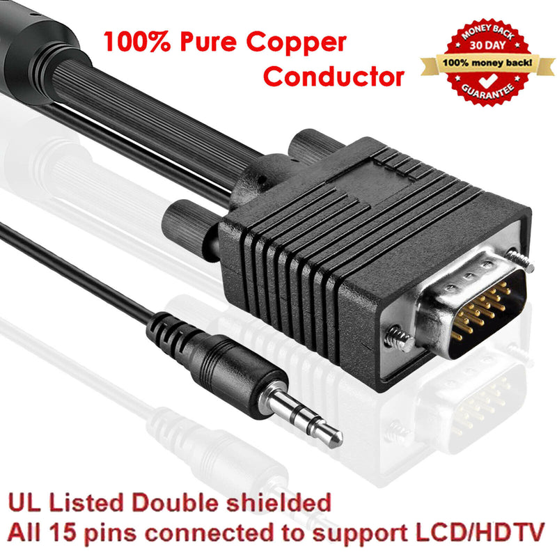 VGA Cable with Audio (SVGA Monitor Cable with 3.5mm Stereo Audio) 6 Feet, 1-5PCS