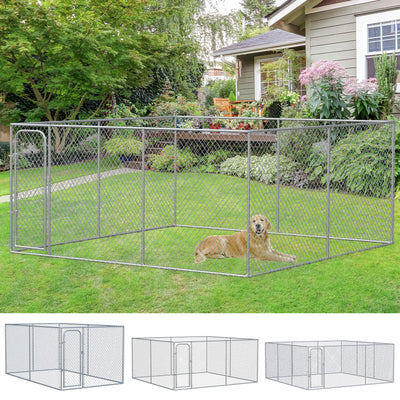 Outdoor Dog Kennel Galvanized Chain Link Fence Pet House w/ Secure Lock