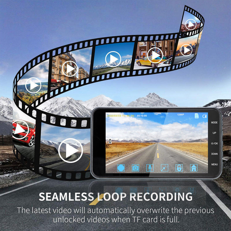 1296P Full HD Dual Dashcam with Night Vision 140°Wide Angle 4" HD Screen for Car
