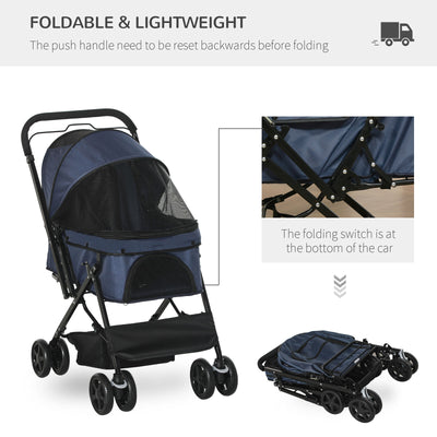 Pet Stroller Foldable Travel Dog Cat Carriage w/ Reversible Handle Brake Basket