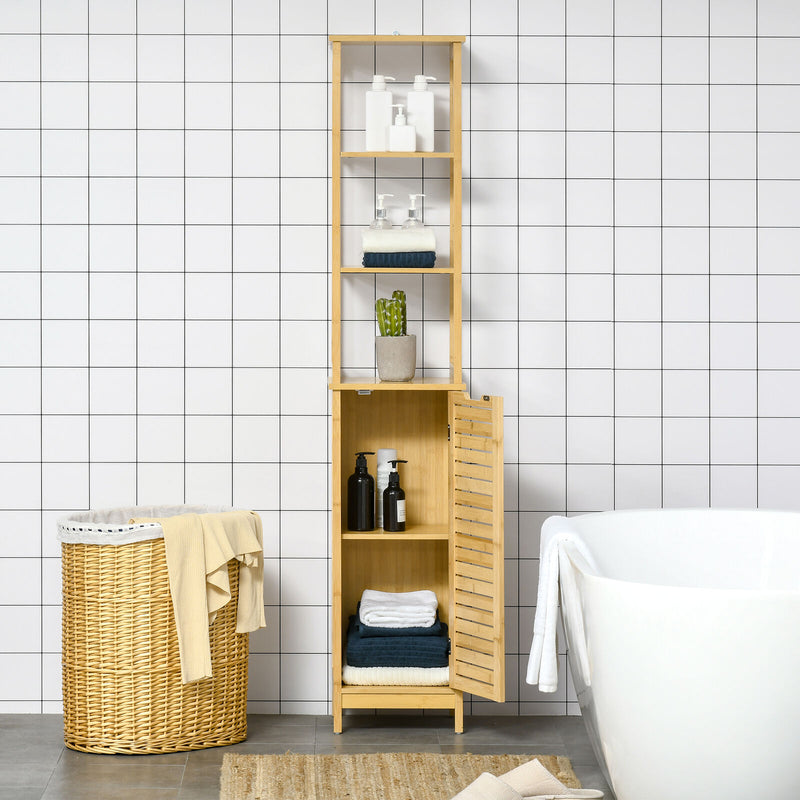 Tall Slim Bathroom Floor Cabinet Freestanding Linen Tower w/ 3 Shelves Natural