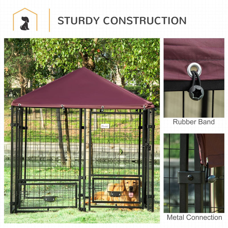 4.6&apos; x4.6&apos; x5&apos; Indoor/Outdoor Metal Dog Kennel House w/ 2 Food Bowls &amp; Lock 196393159187