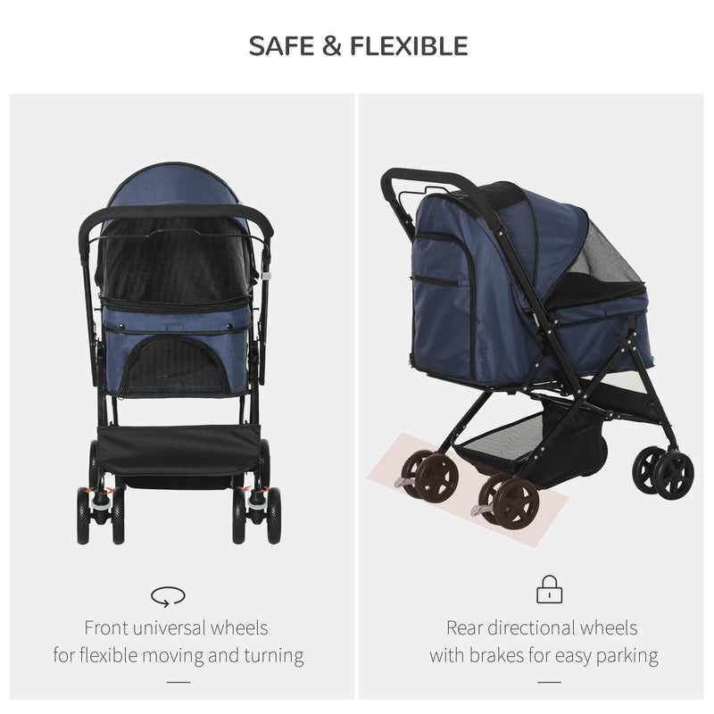 Pet Stroller Foldable Travel Dog Cat Carriage w/ Reversible Handle Brake Basket
