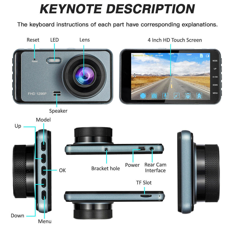 1296P HD Car Dashboard Camera Front and Rear - SUPER Night Vision, G-Sensor, WDR