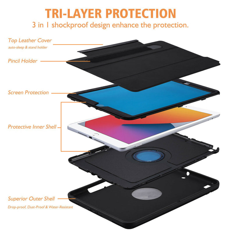Shockproof Rugged Smart Case w/Trifold Stand & Auto Wake/Sleep for iPad 8th 2020