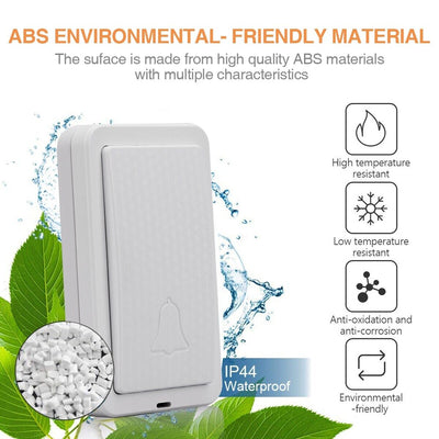 Wireless Doorbell Battery Free Operated 1 Remote Button+2 Plug in Receiver White