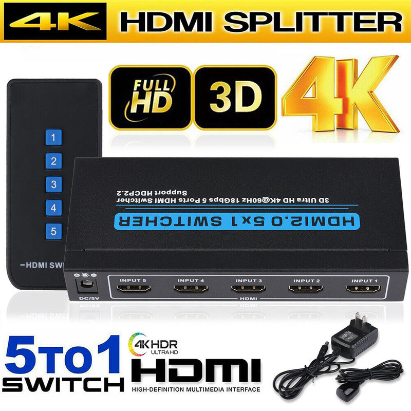 [Plug & Play] 5 In 1 Out HDMI Switcher with IR Remote Support 4K 60hz, 2K, 1080P