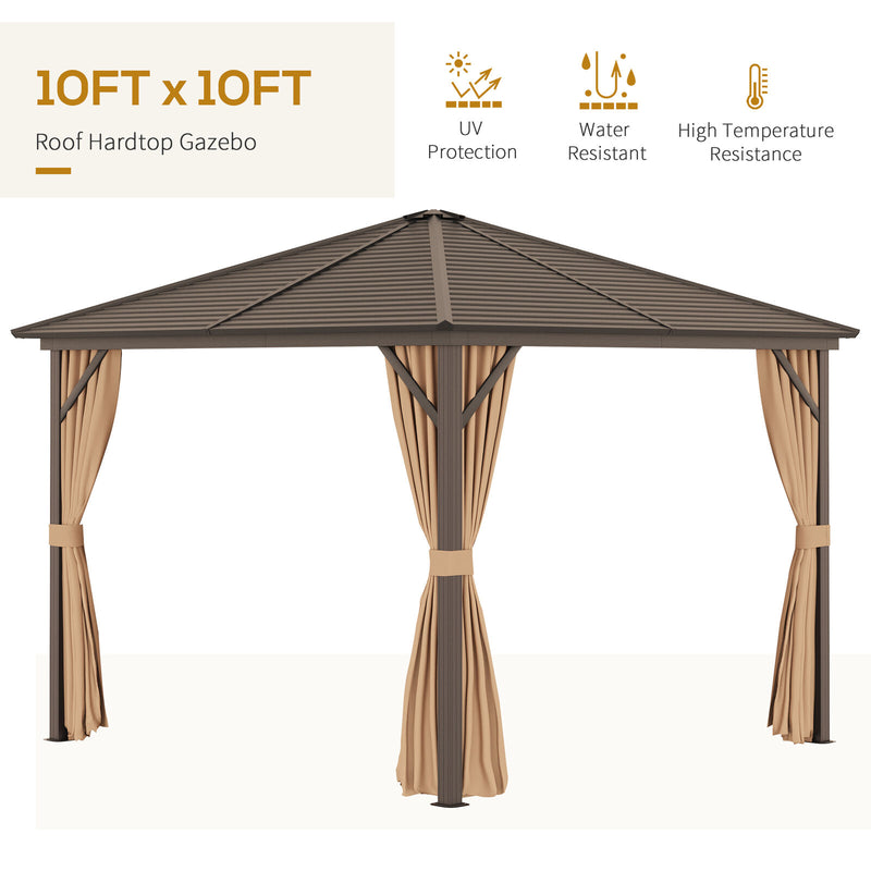 10&apos; x 10&apos; Steel Hardtop Gazebo with Nettings and Curtains Hook Aluminum Frame