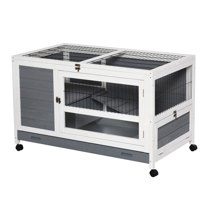 Wooden Rabbit Hutch Elevated Pet Bunny House with Slide-Out Tray Indoor Grey
