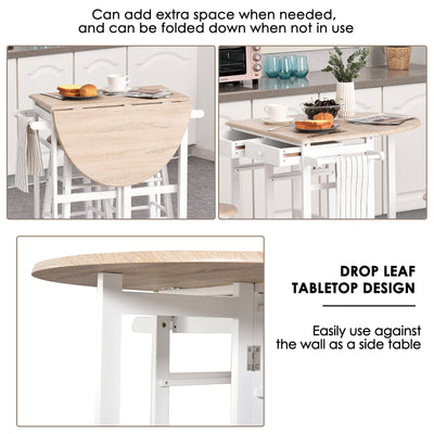 HOMCOM 3PCS Kitchen Trolley Island Set with Wheels 2 Barstool Chairs Drop Leaf