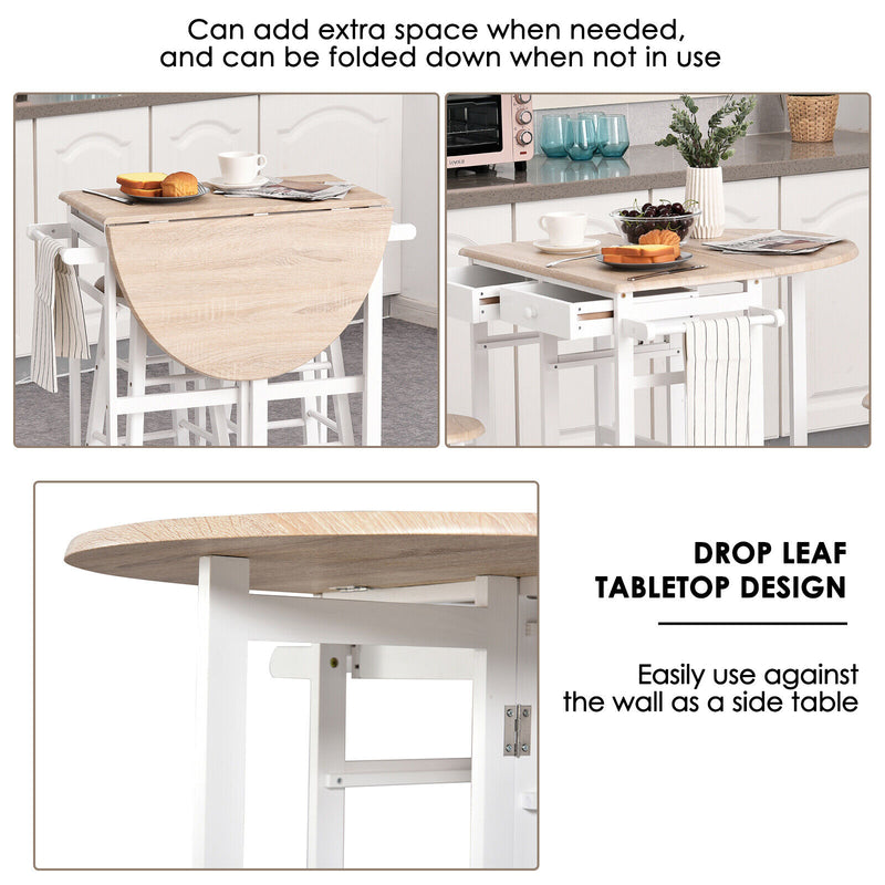 HOMCOM 3PCS Kitchen Trolley Island Set with Wheels 2 Barstool Chairs Drop Leaf