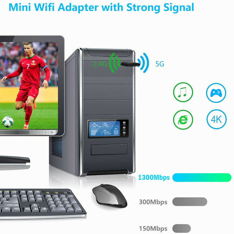 Wireless USB 3.0 WiFi Adapter AC1300Mbps High Speed 802.11ac 2.4GHz/5GHz for PC