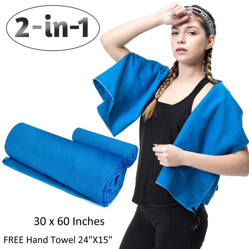 [2-Pack] Ultra Soft Compact Quick Dry Microfiber Fast Drying Bath Towel, Blue