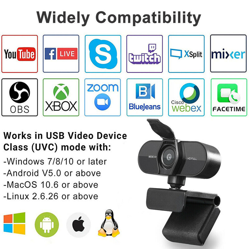 1080P HD Streaming USB Webcam with Microphone & Rotatable Clip for PC,MAC,Laptop