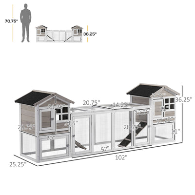 102&quot; 2-in-1 Wooden Rabbit Hutch, Double Main House Pet Playpen w/Tray Ramp Grey 196393159293
