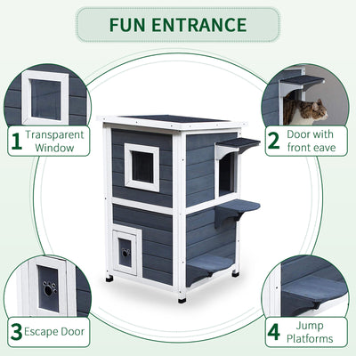 Outdoor Solid Wood 2-Floor Cat Condo Pet House Kitten Shelter with Window - Gray 842525142892