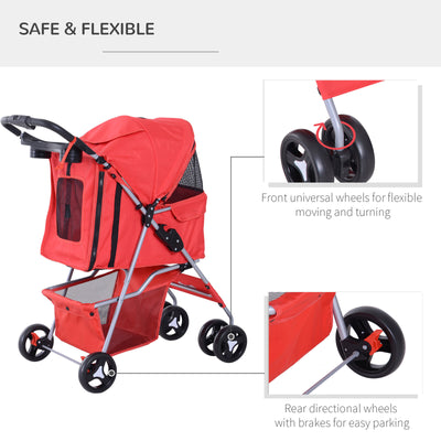 PawHut Cat Dog Carrier Cart Foldable with Storage Basket Cup Holder, Red