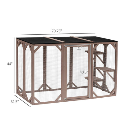 Cat Cage Wooden Pet Enclosure with Waterproof Roof, Platforms, Lock, Brown
