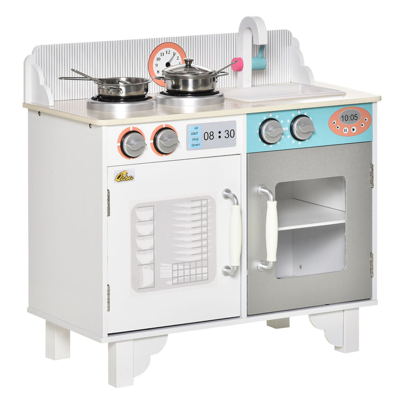 Kids Kitchen Play Cooking Toy Set w/ Sink Cooking Bench for 3-6 Years Old White