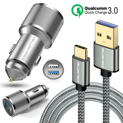Metal QC 3.0 Car Charger Dual Ports with Braided USB3.0 A to USB-C Cable[3/6ft]