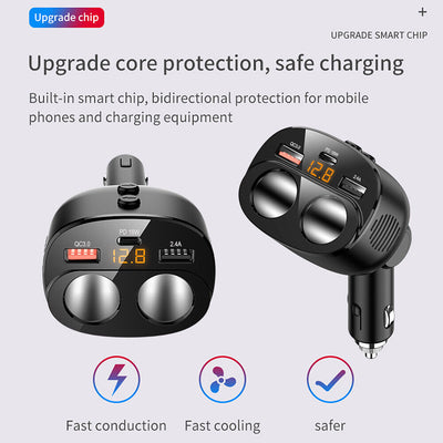 USB C Car Charger, 2 Sockets Cigarette Lighter Splitter 12/24V 80W LED Display