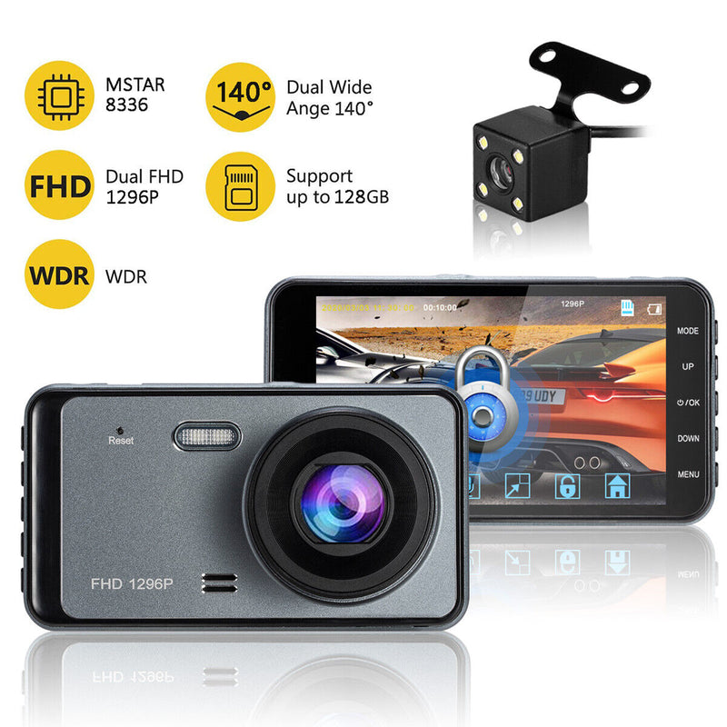 1296P HD Car Dashboard Camera Front and Rear - SUPER Night Vision, G-Sensor, WDR