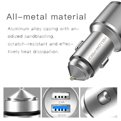 Metal QC 3.0 Car Charger Dual Ports with Braided USB3.0 A to USB-C Cable[3/6ft]