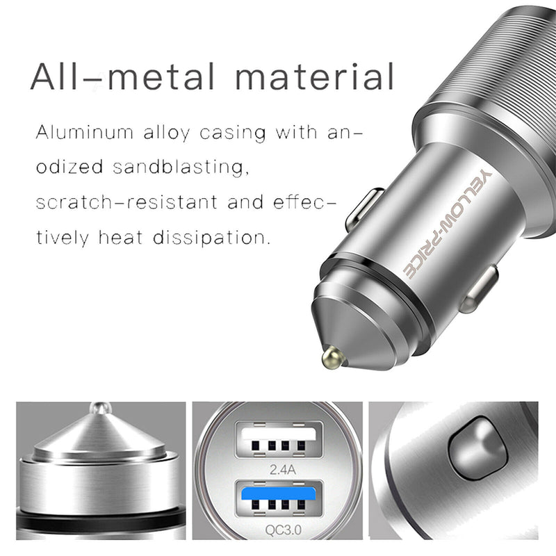 Metal QC 3.0 Car Charger Dual Ports with Braided USB3.0 A to USB-C Cable[3/6ft]