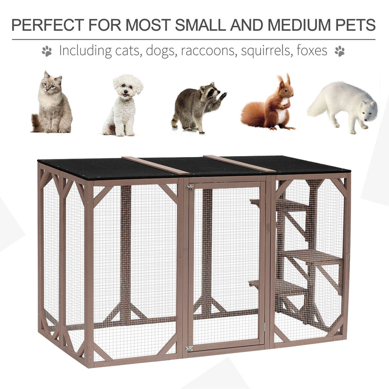 Cat Cage Wooden Pet Enclosure with Waterproof Roof, Platforms, Lock, Brown