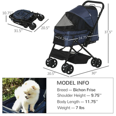 Pet Stroller Foldable Travel Dog Cat Carriage w/ Reversible Handle Brake Basket