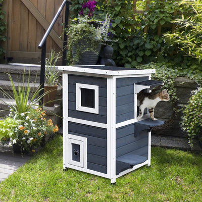 Outdoor Solid Wood 2-Floor Cat Condo Pet House Kitten Shelter with Window - Gray 842525142892