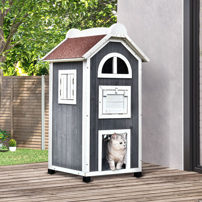 Solid Wood Cat Condo Furniture 2-Floor Pet Shelter, Grey and White, 43&quot; H 842525144469