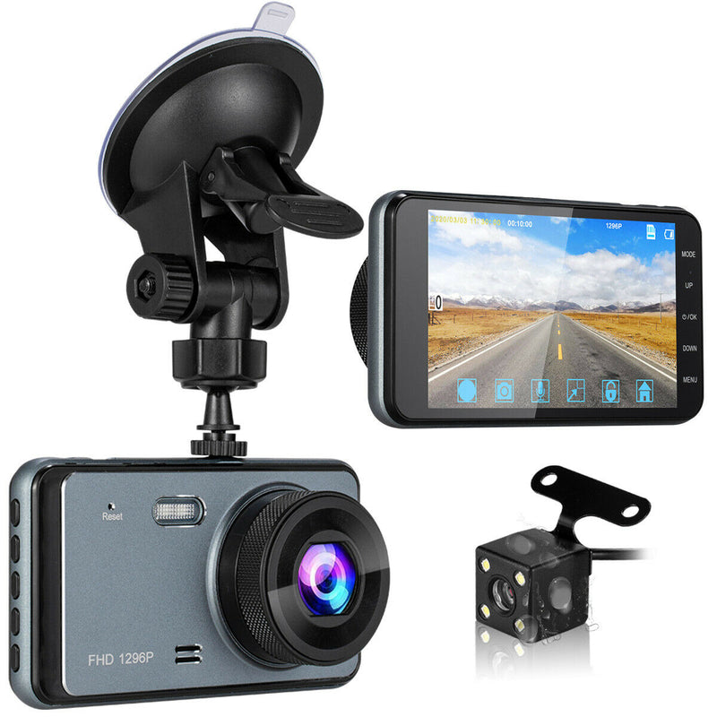 1296P Full HD Dual Dashcam with Night Vision 140°Wide Angle 4" HD Screen for Car