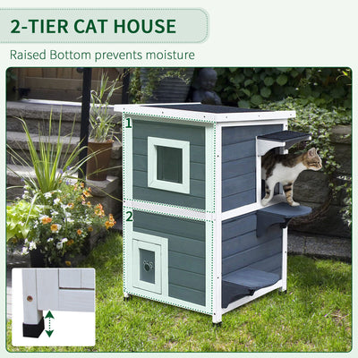 Outdoor Solid Wood 2-Floor Cat Condo Pet House Kitten Shelter with Window - Gray 842525142892