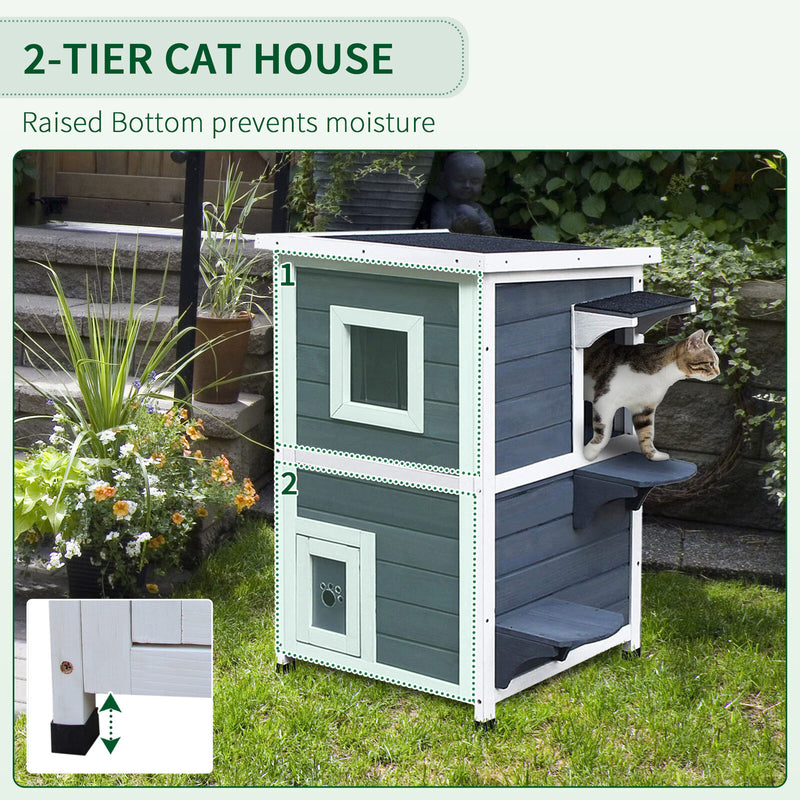 Outdoor Solid Wood 2-Floor Cat Condo Pet House Kitten Shelter with Window - Gray 842525142892