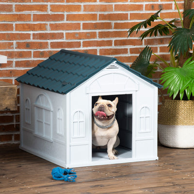 Plastic Dog House for Medium Dogs, Puppy Shelter Kennel w/ Door Opening, Blue