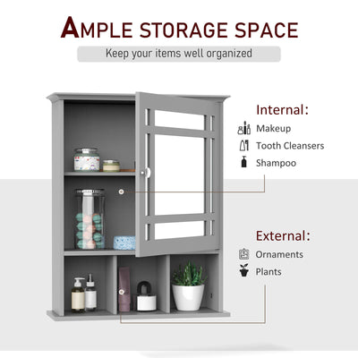 kleankin Wall Mount Mirror Cabinet with Door Shelf Bathroom & Powder Room Grey