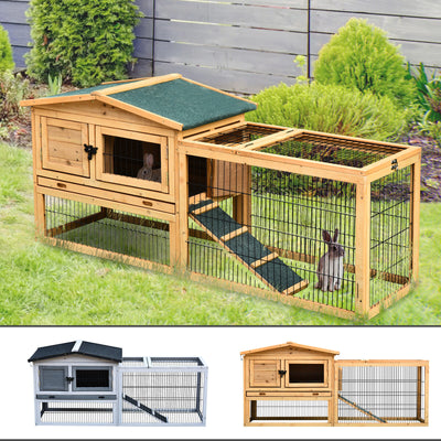 Outdoor Fir Wood Rabbit Hutch Bunny Cage Run w/ 2 Levels, Patio &amp; Pull Out Tray