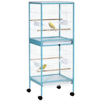 2 In 1 Large Bird Cage Aviary with Wheels, Slide-out Trays Wood Perches