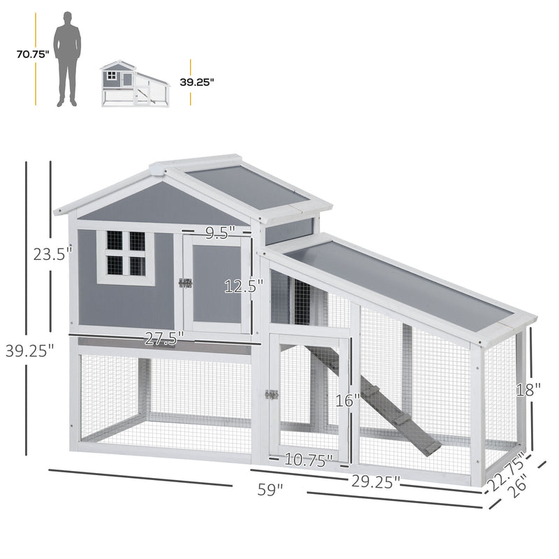 59&quot; Wooden Rabbit Hutch Playpen Bunny House with Sunlight Roof Ramp Tray Grey