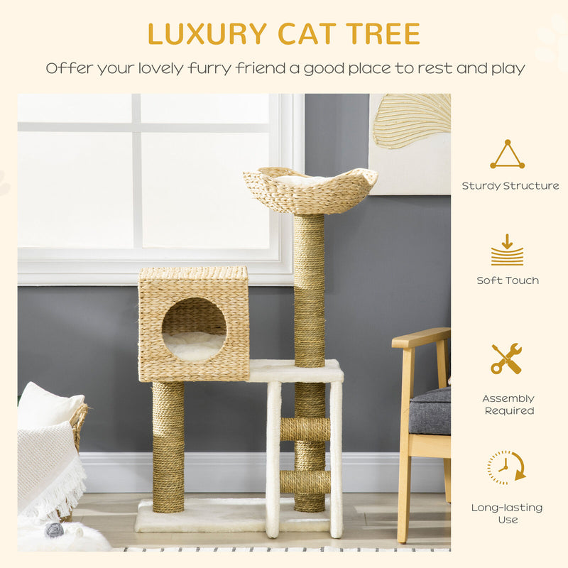 39.5&quot; Cat Tree Tower Cattail Weave W/ Cat Condo, Bed, Ladder, Washable Cushions