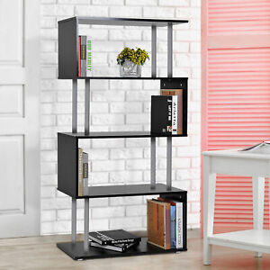 Wooden S Shape Storage Display Unit Bookcase Bookshelf Room Divider Black