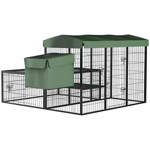 Metal Chicken Coop, Outdoor Poultry Cage, w/ Run, Nesting Box, Canopy, Green
