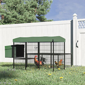 Metal Chicken Coop, Outdoor Poultry Cage, w/ Run, Nesting Box, Canopy, Green