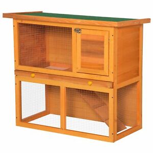 Wooden Rabbit Hutch Small Animal House Cage 2-Level w/ Run Backyard