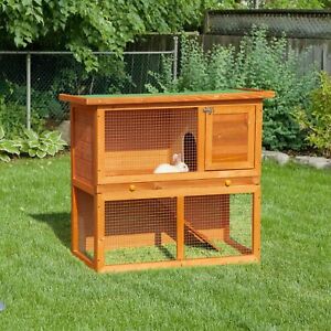 Wooden Rabbit Hutch Small Animal House Cage 2-Level w/ Run Backyard