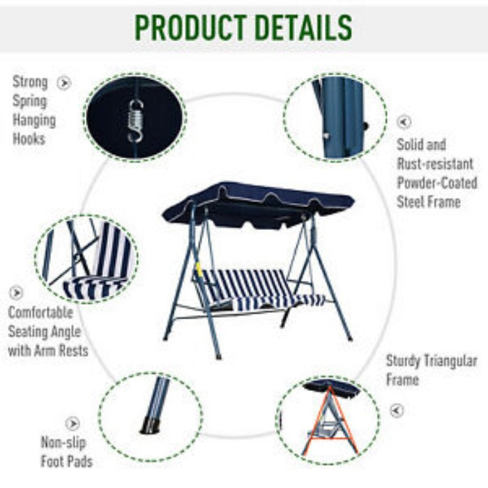 3 Seater Swing Chair Outdoor Patio Hammock Porch Glider Adjustable Canopy