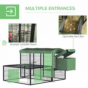 Metal Chicken Coop, Outdoor Poultry Cage, w/ Run, Nesting Box, Canopy, Green