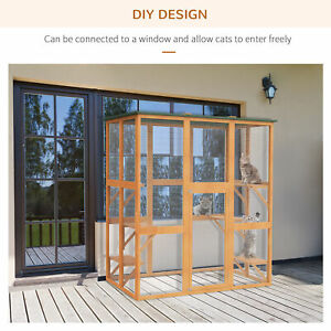 Large Catio Enclosure Shelter Cage w/ Weather Protection, 6 Cat Platforms Grey