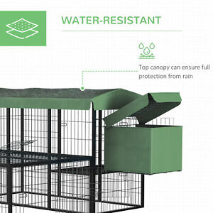 Metal Chicken Coop, Outdoor Poultry Cage, w/ Run, Nesting Box, Canopy, Green